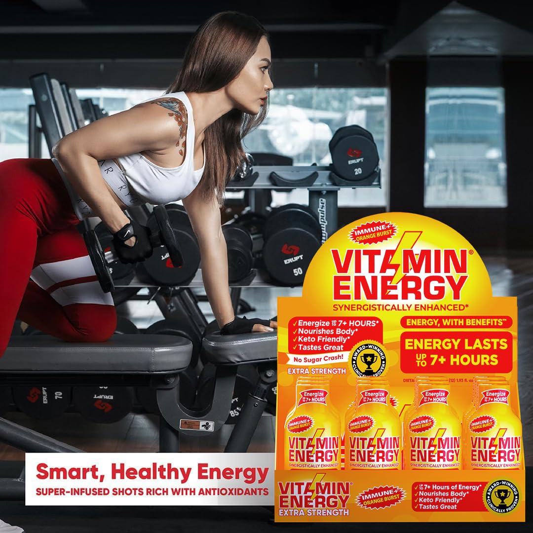 Vitamin Energy Immune+ Extra Strength Shot, Orange Burst, 48 Pack – 260mg Natural Caffeine, B-Vitamins & Citicoline, Zero Sugar, 1.93 fl oz