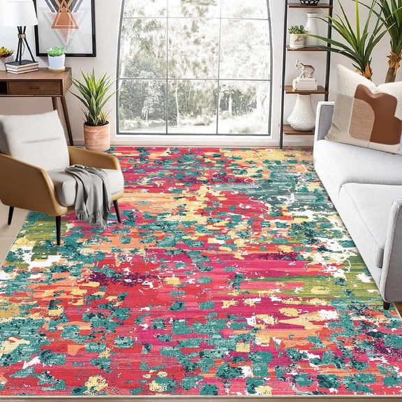 Modern Abstract Washable Area Rug 8x10 FT Non-Slip Low Pile Thin Stain Resistant Soft Floor Mat for Living Room Bedroom Hallway – Rose Red Green