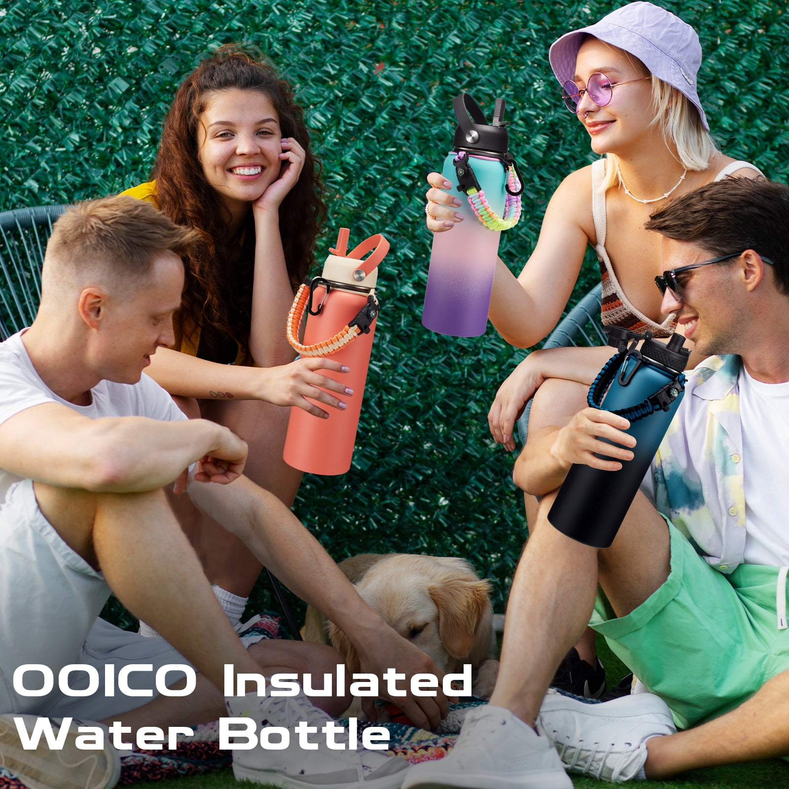 40 oz Insulated Water Bottle - Cold for 48H, 40oz Stainless Steel Flask for Workout Sports Gym, Water Bottle with Strap Carrying Pouch, Paracord Handle, Straw & Auto Spout Lid