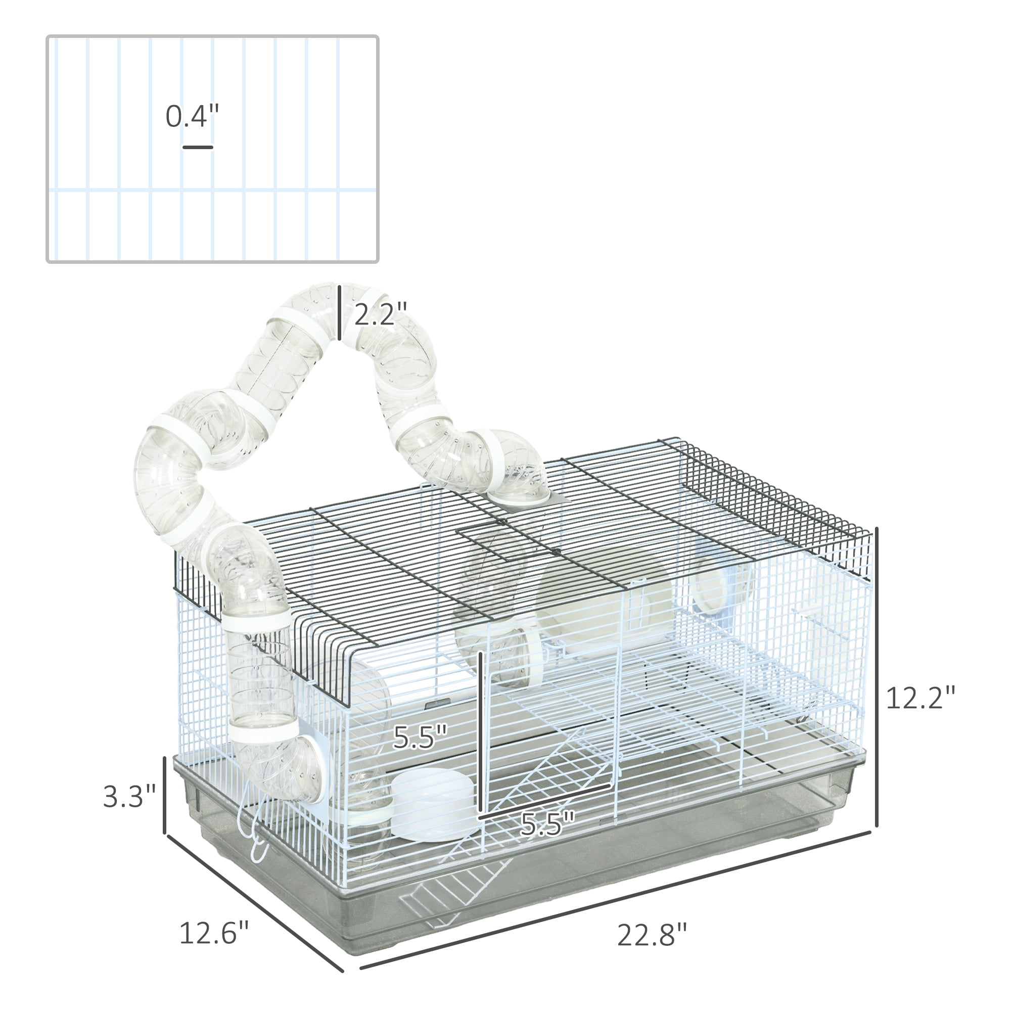 PawHut 2 Levels Hamster Cage for Gerbil or Dwarf Hamster with Tube Tunnels, Exercise Wheel, Food Dish, Water Bottle, Ramp, 23" x 13" x 12", Gray