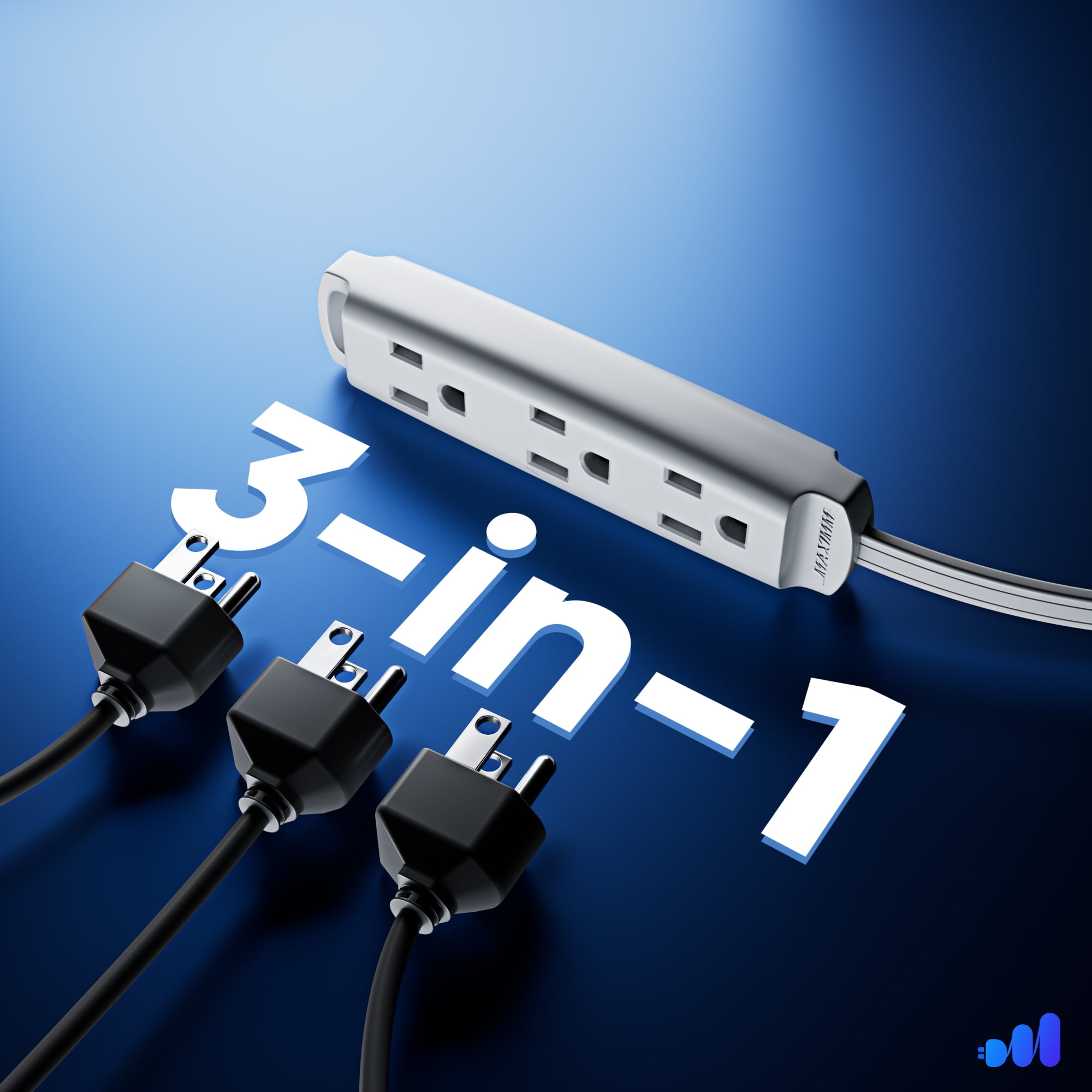 Maximm Straight Plug Extension Cord 4 ft Multi 3-Outlet Power Cord with Mounting Bracket, Grounded 16 AWG UL Certified, White