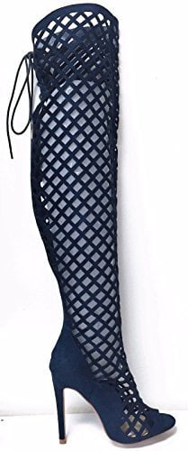 NAVY BLUE CAGE THIGH HIGH BOOTS OPEN TOE HEELS LACE OVER THE KNEE STILETTO 6.5 