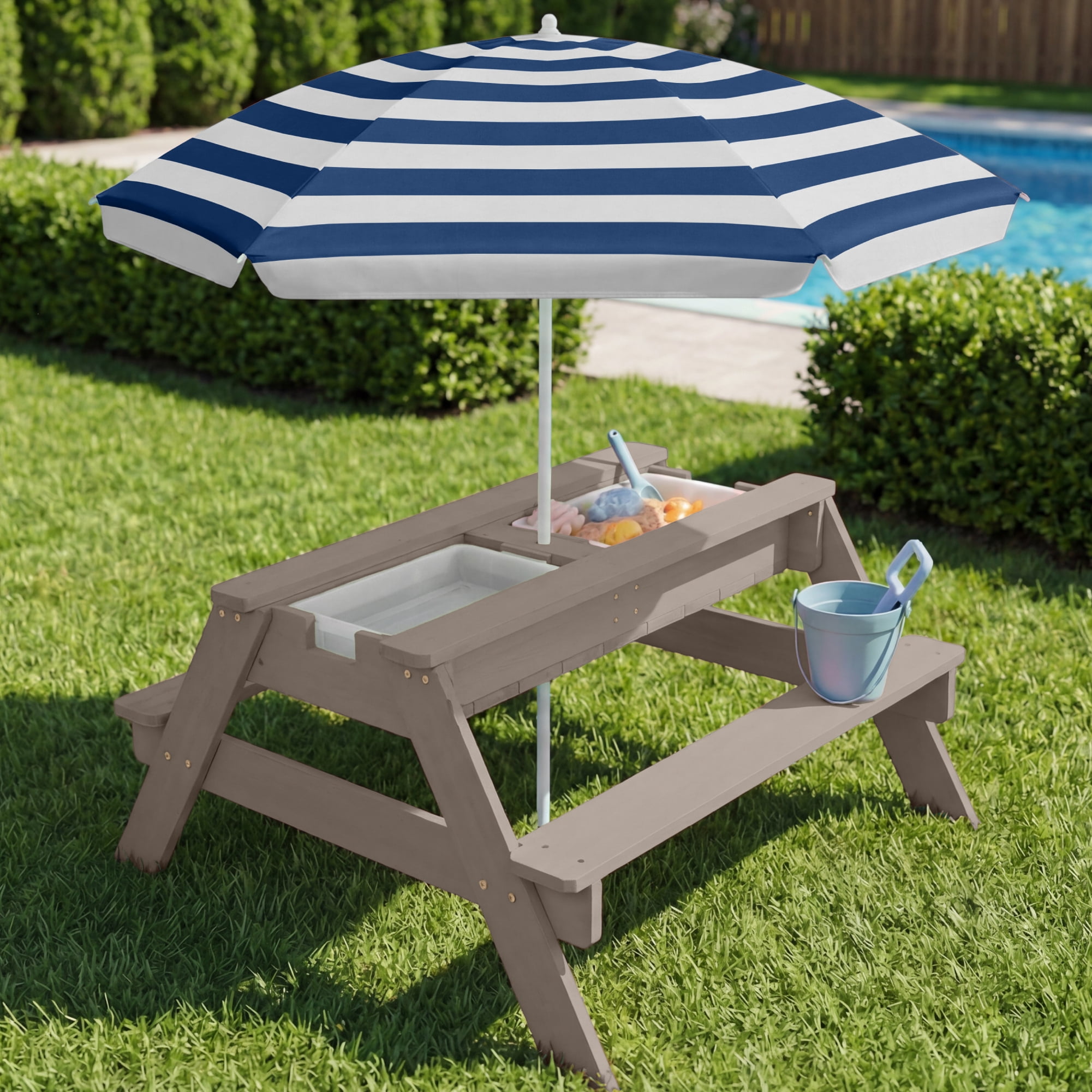 Best Choice Products Kids 3-in-1 Outdoor Sand and Water Activity Picnic Table with Umbrella - Gray/Navy