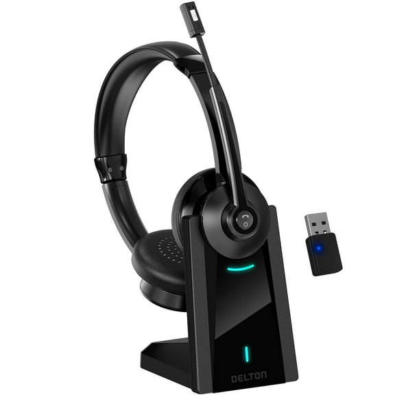 Delton 35X Bluetooth Computer Headset with Noise Cancelling Mic, Fast Charging Dock, Auto Pair USB Dongle for PC, Laptop, MacBook, Compatible with MS Teams, Google Meet, Zoom, Slack, and More - Black
