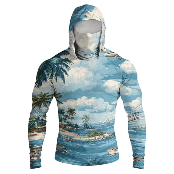 Men's UPF 50 Sun Hoodie Long Sleeve Hooded Fishing Shirt Palm & Ocean Scenic Pullover Cooling Ice Silk Breathable Quick-Dry Moisture Wicking 4-Way Stretch for Commute Fishing Hiking Light Blue M