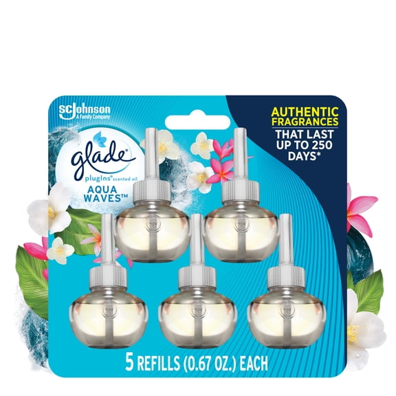 Glade PlugIns Fragrance Warmer Plug-in Oil Refills, Aqua Waves, 0.67 oz, 5 Count