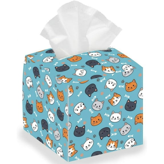 Cat Face Tissue Box Holder Square Tissue Box Cover Foldable Tissue Storage Box Waterproof Paper Towel Case Container Organizer Cute Tissue Box Holder for Bedroom Office Bathroom Car Mixed Color