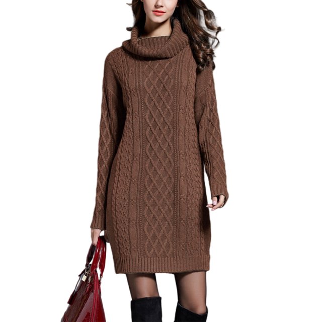 Fashnice Robe Chandail pour Femmes, Mini Robe à Enfiler, Col Roulé, Chaude, Camel 3TG