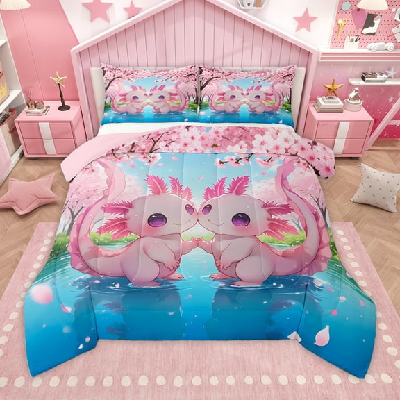 Homewish Cartoon Animal Axolotl Bedding Comforter Set,Cherry Blossom Twin Comforter Sets,Pink Blue Bedding Set,For Girls,Microfiber Bedroom Decor Reversible,2-Piece