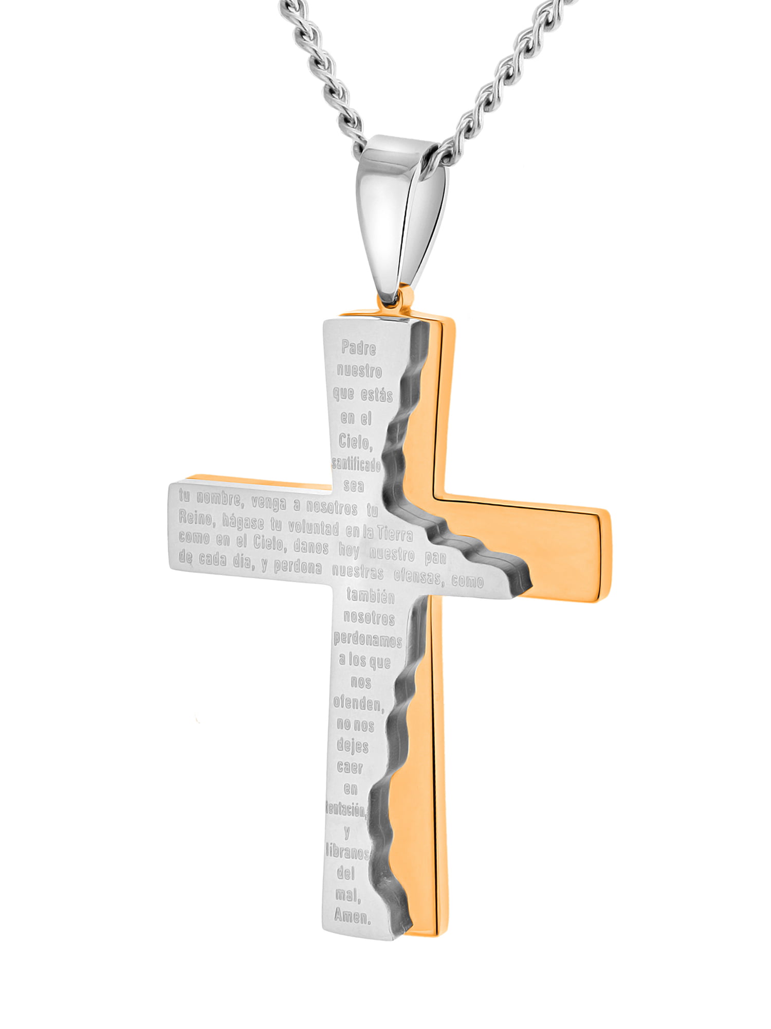 Stainless Steel Gold-Tone Padre Nuestro Spanish Prayer Mens Cross  Necklace