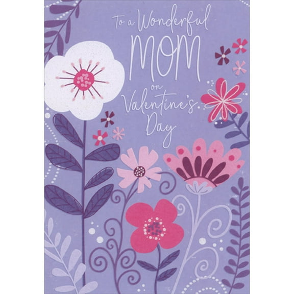 Designer Greetings Sparkling White Flower on Tall Purple Stem and Pink and Red Flowers on Light Purple Valentine's Day Card for Mom