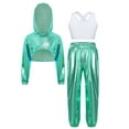 thumbnail image 4 of Hansber Kids Girls Modern Street Hip Hop Jazz Dance Outfits Long Sleeve Metallic Hoodie Crop Top and Pants Set Light Green 8, 4 of 7