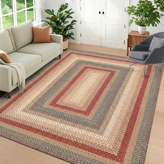 Garvee 5'x7' Farmhouse Bordered Area Rug Braid Printed Carpet, Washable Soft Non Slip Rug for Living Room Bedroom Dining Room, Red