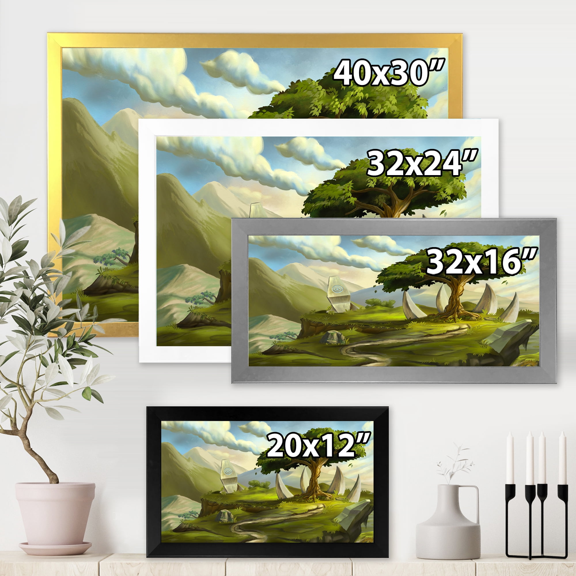 Designart 'Sacred Tree In A Fantasy Green Landscape' Traditional Framed Art Print