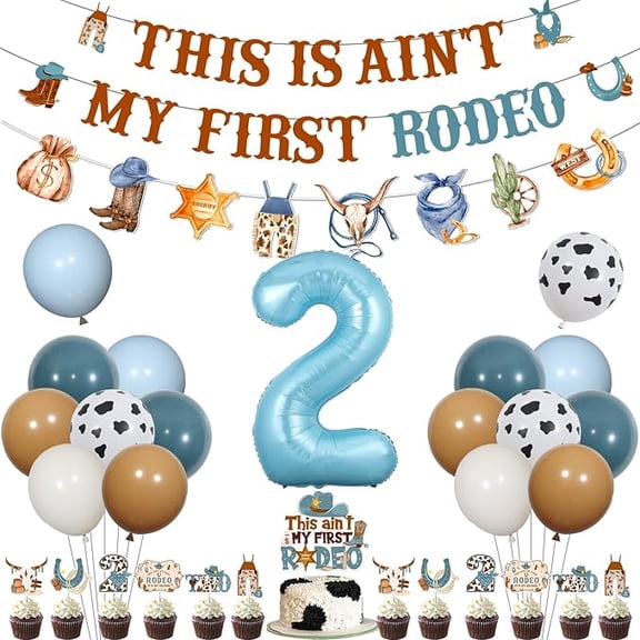 This Aint My First Rodeo Its My Second Decorations, Western Cowboy 2nd Birthday Decorations Banner Cake Cupcake Toppers, Blue Cow Print Number 2 Foil Balloons for Boy 2 Year Old Birthday