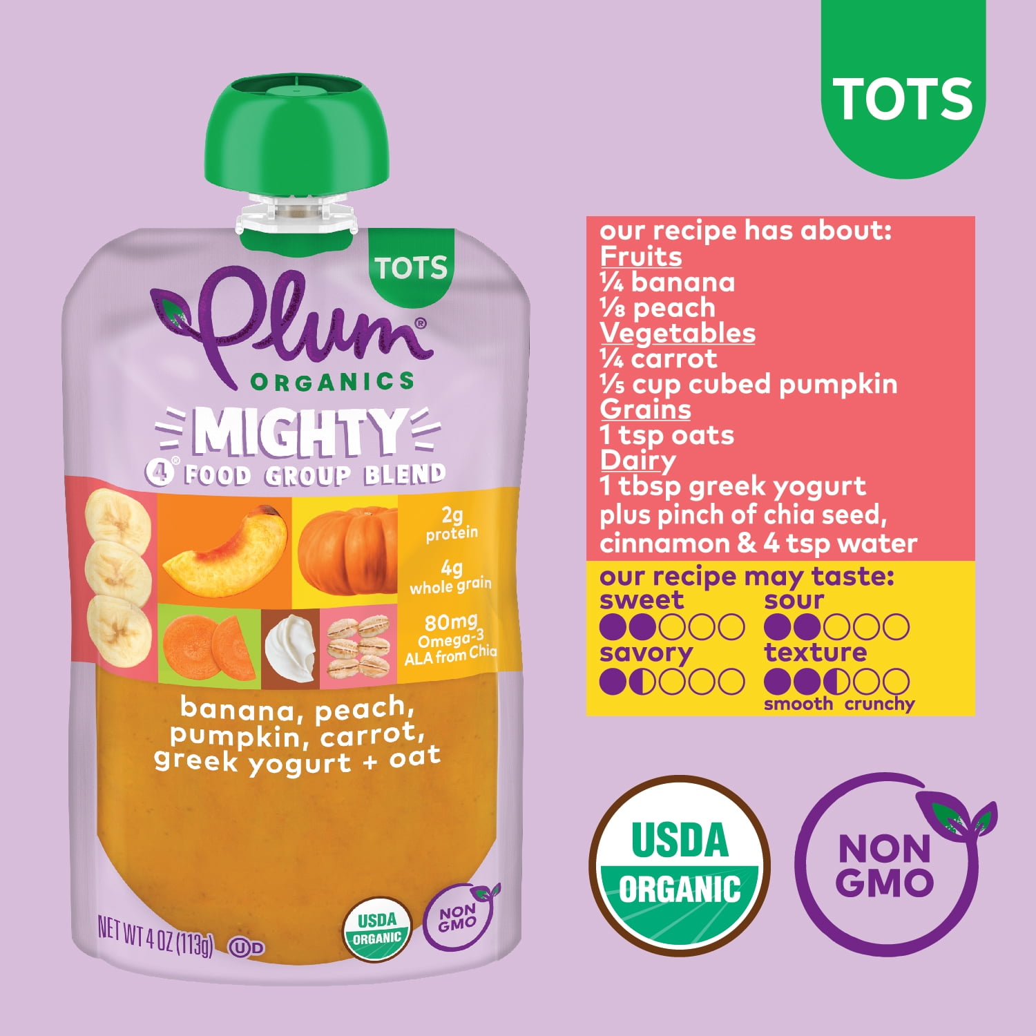 Plum Organics Mighty 4 Toddler Food, Banana, Peach, Pumpkin, Carrot, Greek Yogurt and Oat, 12 Pack
