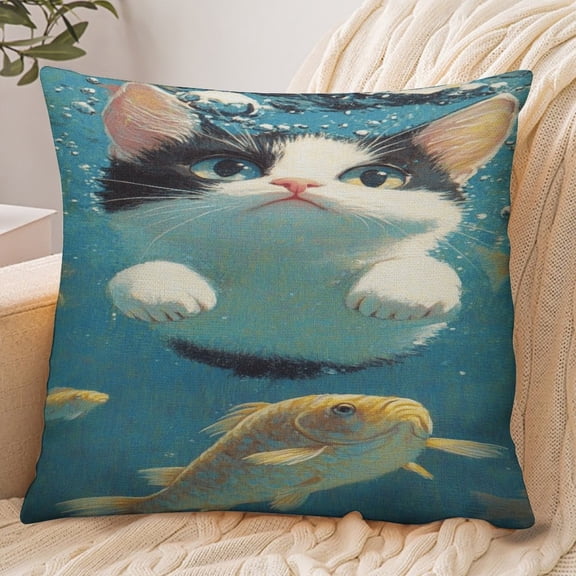 RKSupls 18x18 Inch Envelope Throw Pillow Cover, Cat Underwater Goldfish Soft Polyester Modern Farmhouse Decorative Cushion Case for Home Bedroom Living Room