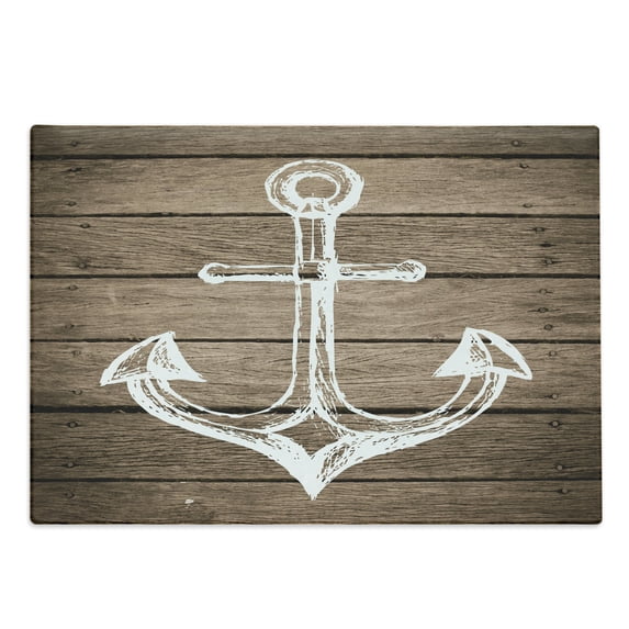 Brown and White Cutting Board, Anchor Motif Hand Drawing Boating Sketch Rustic Wooden Planks Coastal, Decorative Tempered Glass Cutting and Serving Board, Large Size, Taupe Coconut, by Ambesonne