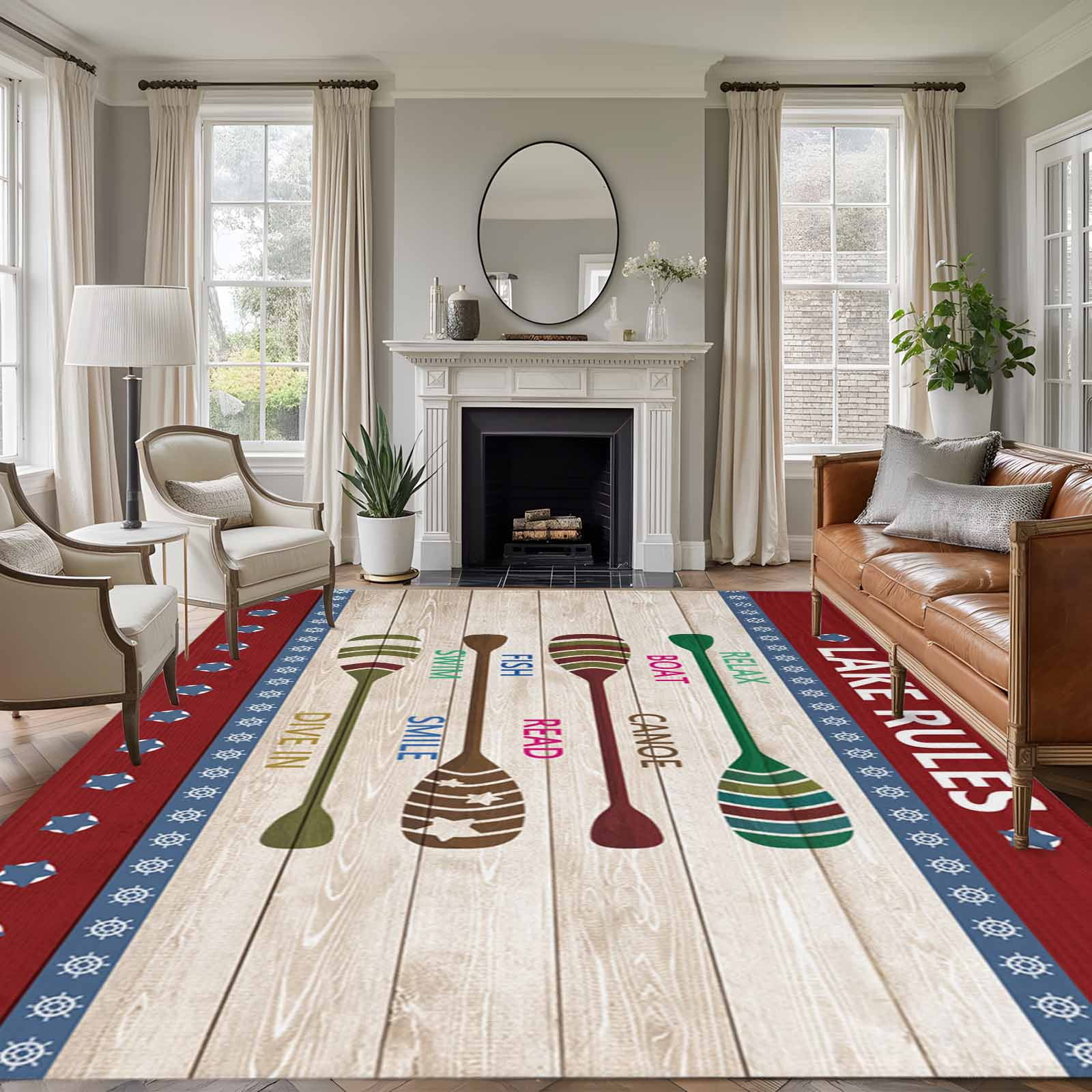 8x10 Area Rugs for Living Room, Lake Rules Non Slip Area Rugs for Kitchen Bedroom Entryway, Red Green Brown Paddle Striped Rudder Wooden Washable Carpet Runner Rug Floor Mats for Bedroom Home Decor