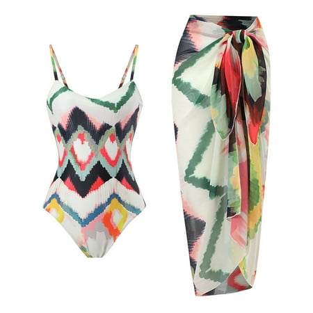 Lopeceal Women s One Piece Swimsuit with Beach Cover up Wrap Skirt Sarong Retro Floral Print Bikini Set Two Piece Bathing Suit