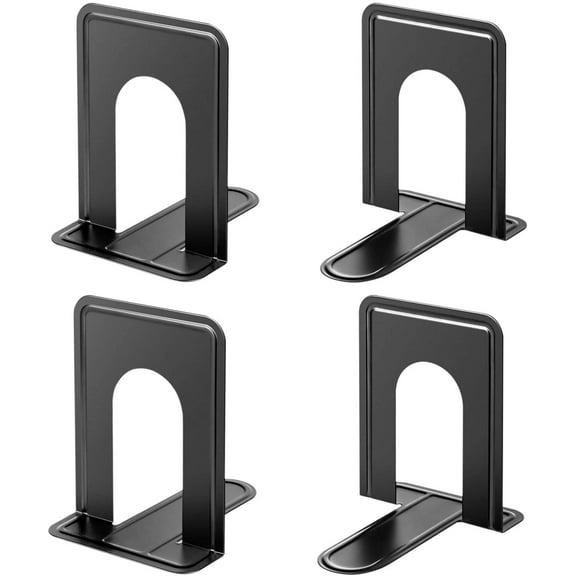 Premium Matte Painted Book Ends, Heavy Duty and Sturdy Bookends for Shelves, Office Non-Skid Metal Book End Stopper for Books/CDs/DVDs, 6 x 4.6 x 6 in, Black, 2 Pairs/4 Pieces, Large