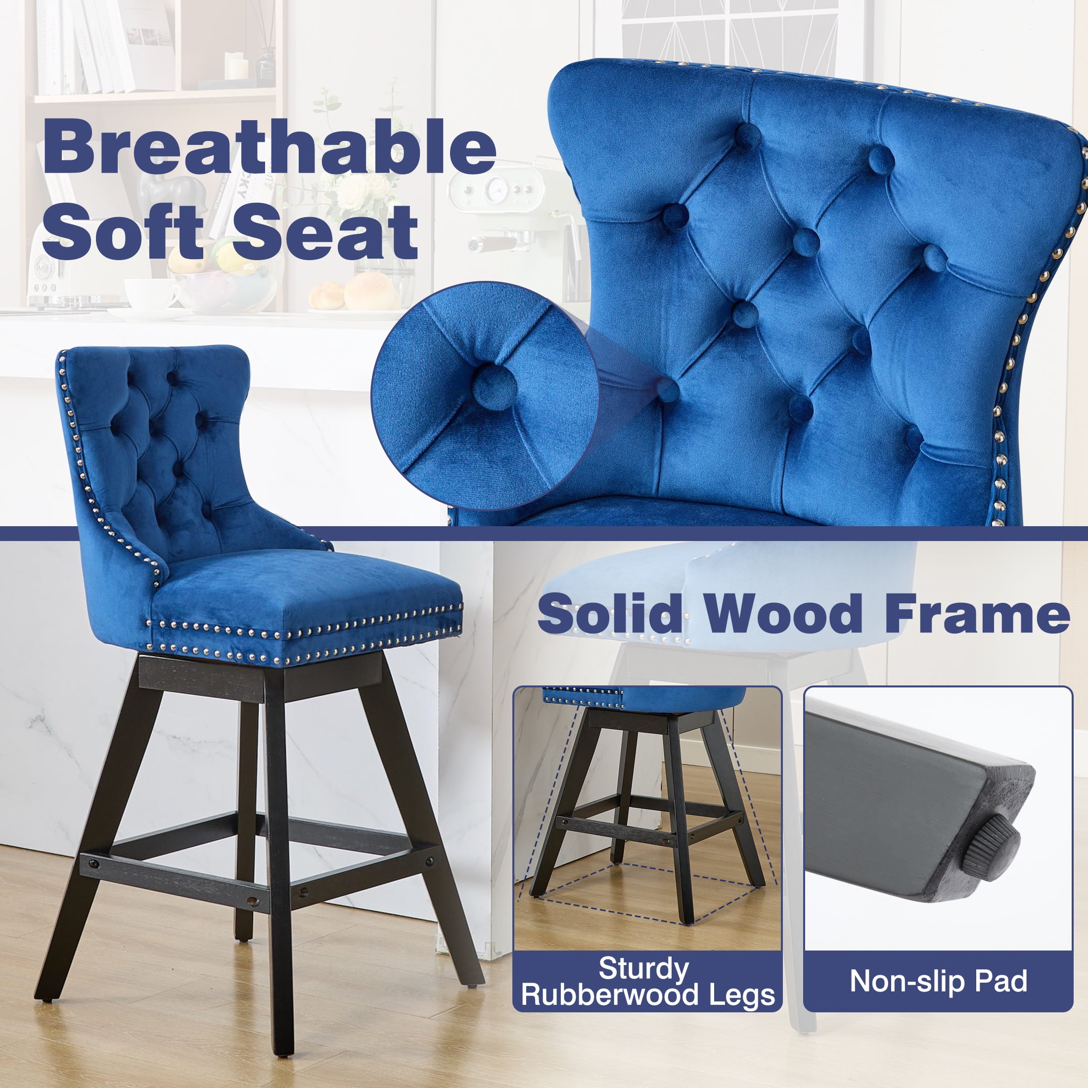 Swivel Bar Stools Set of 2, Velvet Counter Height Bar Stools with Back, Swivel Dining Chair with Button Tufted and Wooden Legs, Kitchen Chair Counter Stools for Kitchen Island Kitchen Counter, Blue
