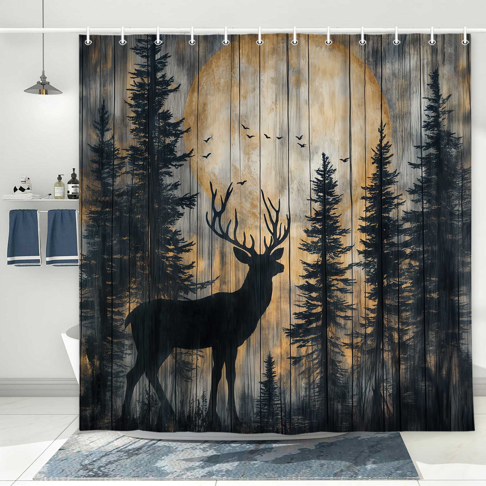 Rustic Forest Deer Shower Curtain, Cabin Farmhouse Country Lodge Bathroom Decor Accessories, Polyester Fabric Wooden Board Grey Gray Bath Curtain Set with Hooks, 72x72IN