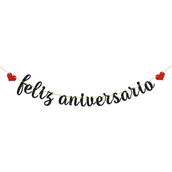Black Glitter Feliz Aniversario Banner - Mexican Theme Wedding Anniversary Party Decorations - Fiesta Theme Birthday Anniversary Party Supplies