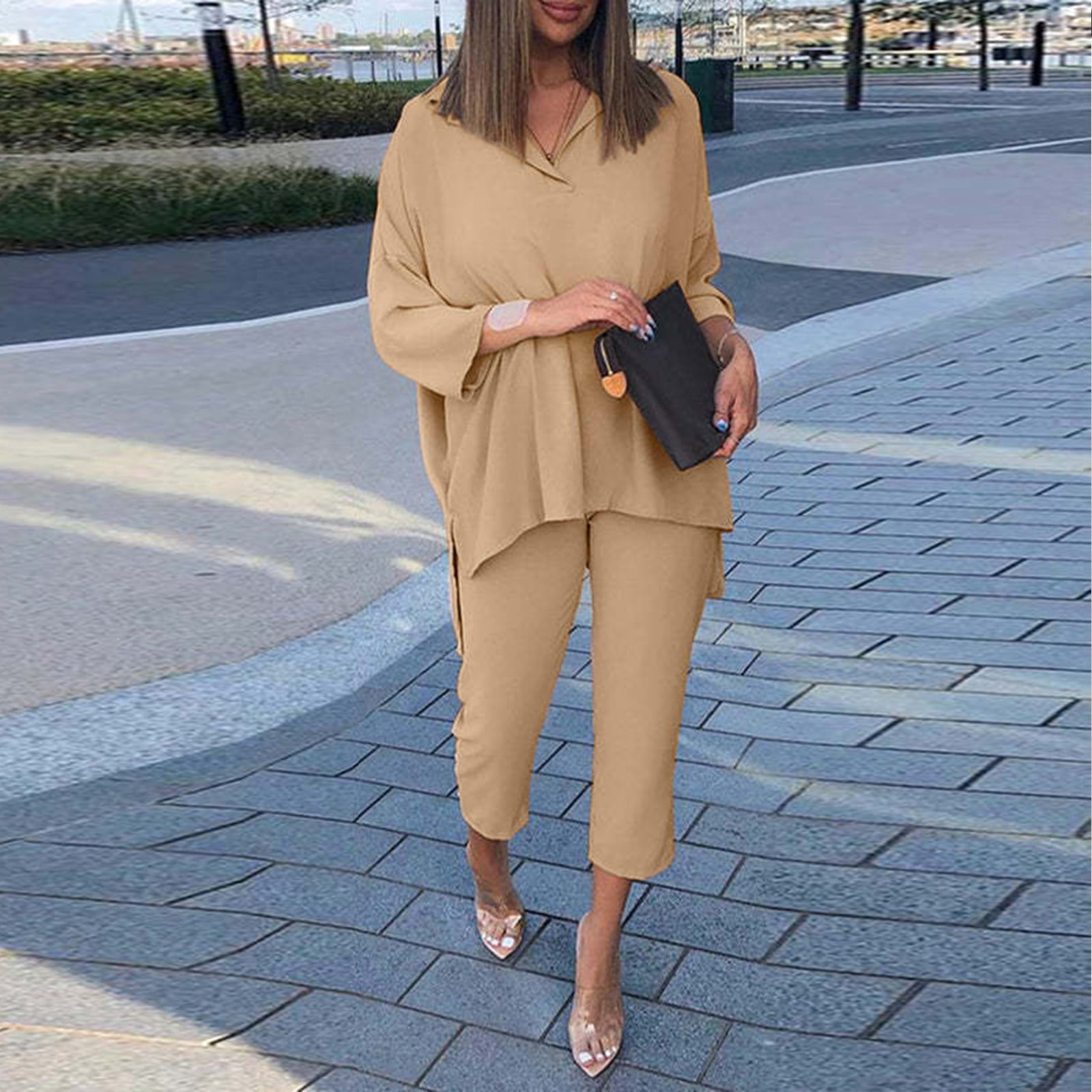 HSMQHJWE Plus Size Pant Suits For Women Plus Size Suits For Women Business  Ladies Long Sleeve Trousers Solid Color Rib Knit Casual Comfortable Home  Two Piece Set Trousers Suit Womens Pant Suit