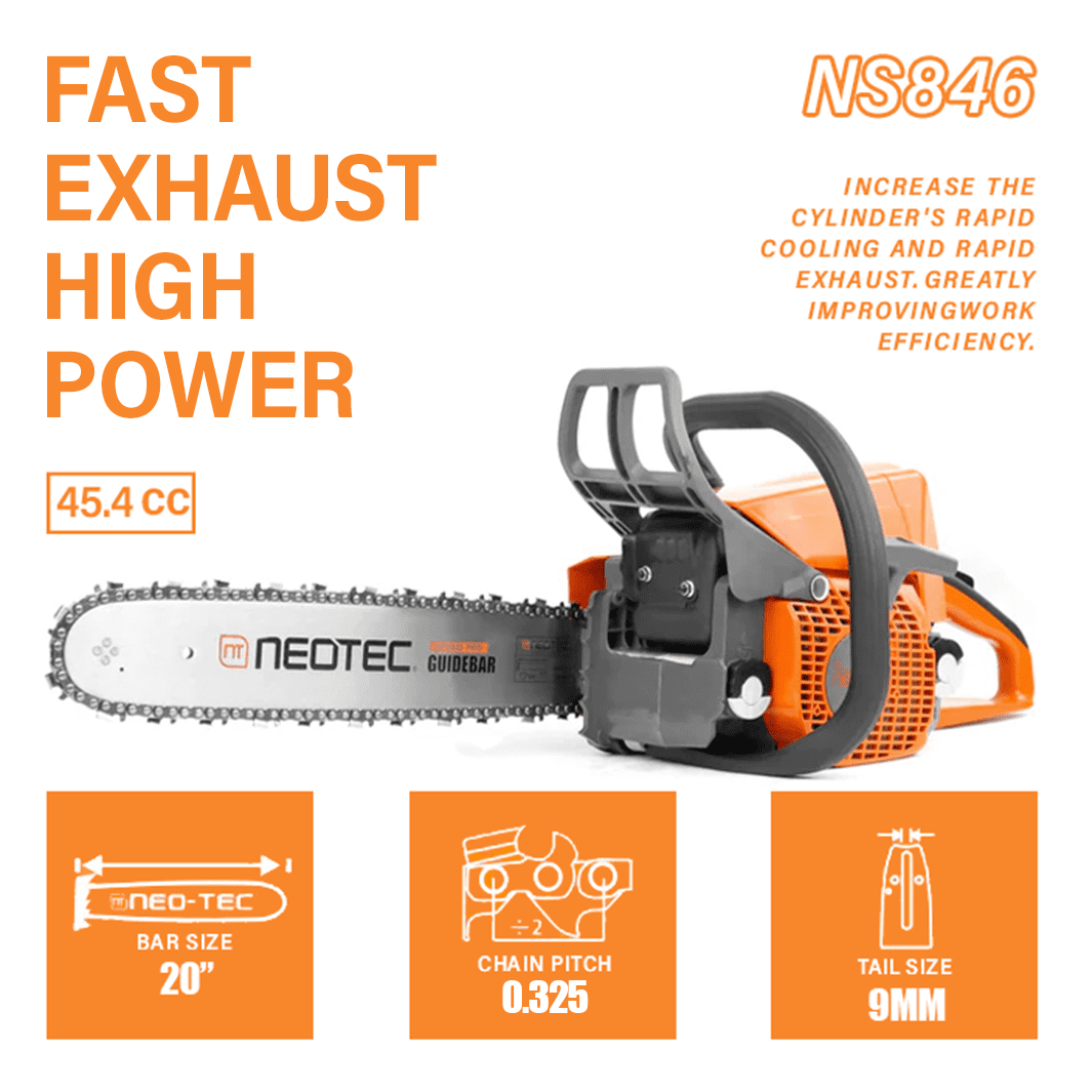 NEOTEC 16 inch 45.4cc 2-Cycle Gas Chainsaw, Professional-Grade for Wood Cutting