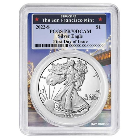 2022-S Proof $1 American Silver Eagle PCGS PR70DCAM FDOI Bay Bridge Frame