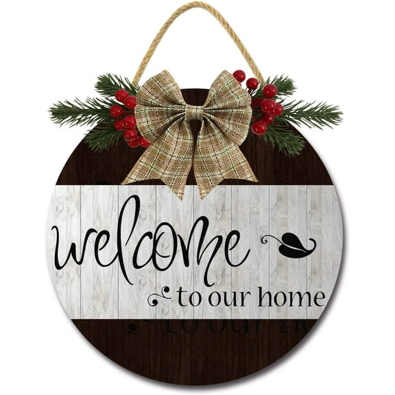Eveokoki 12" Welcome to Our Home Signs for Front Door Farmhouse Porch Rustic Round Wooden Hanging Wreaths for Housewarming Gift Christmas Festival Decoration Outdoor Indoor Wall Decor