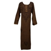 Mogul Womens Evening Dress Button Front Brown Full Sleeves Stonewashed Party Gown Maxi Dresses