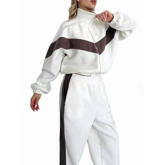 Women'S 2 Piece Lounge Outfits Zip Up Sweat Set Contrast Striped Wide Leg Jogging Pants Travel Track Suit White L
