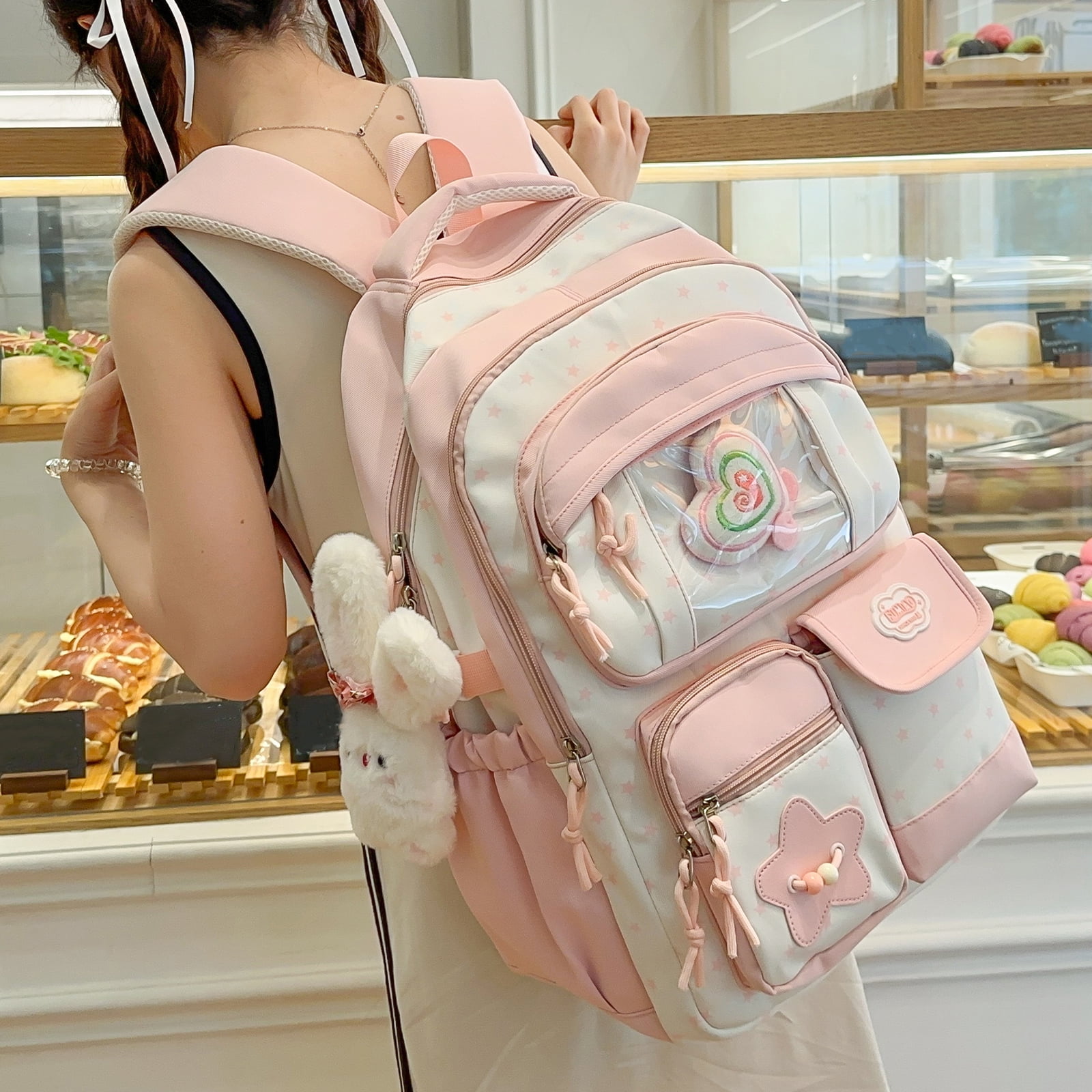 HUISZJ Multi-Pockets School Backpack, Large Capacity School Bag, Floral Print Backpack for Students College Travel, Pink