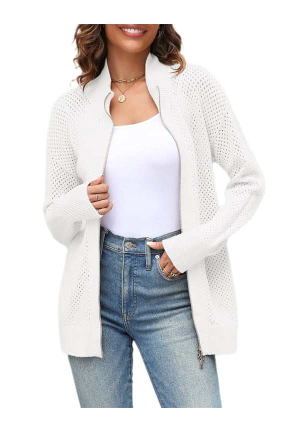 Drop Shoulder Long Sleeve Women's Turtleneck Zip Up Cardigan Sweaters Oversized Casual Solid Mesh Knit Jumper Tops