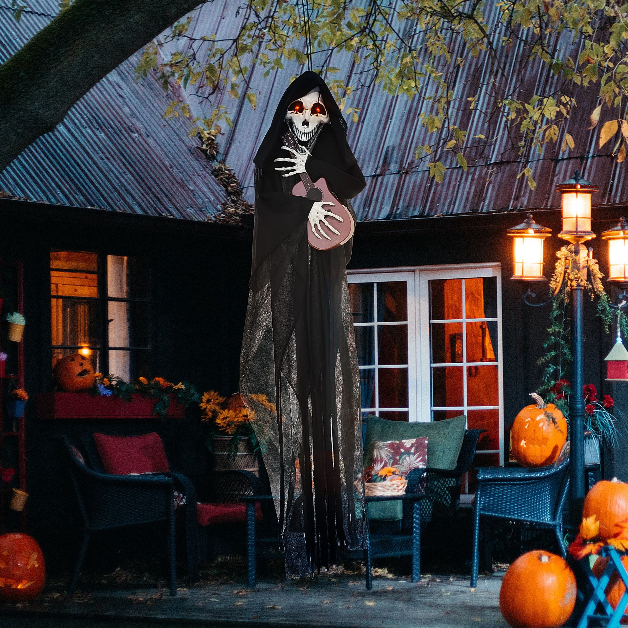 4.3FT Animated Halloween Grim Reaper Guitar Prop Sound & Motion Activated with Red Glowing Eyes