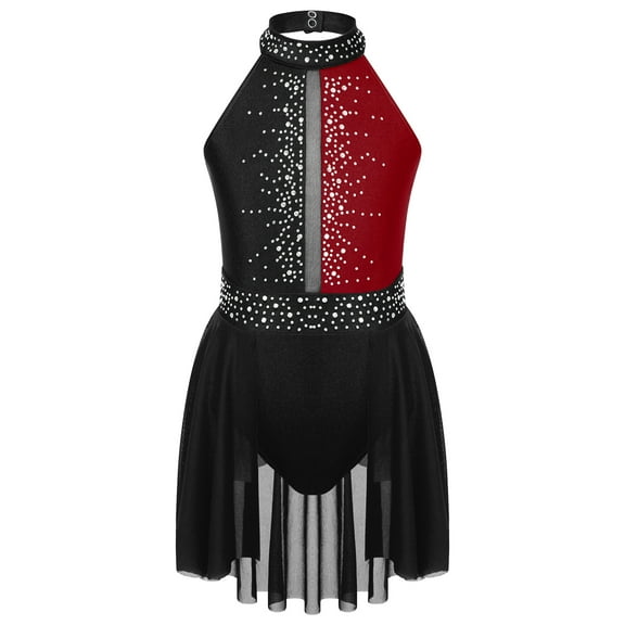 Hansber Kids Girls Mock Neck Rhinestone Skating Dress Gymnastic Leotard Ballet Latin Lyrical Dance Black&Burgundy 10