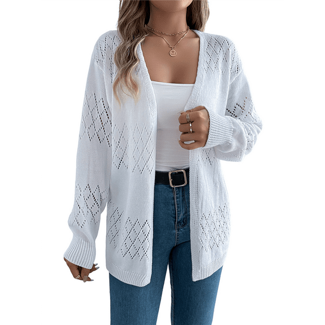 Crochet Cardigan for Women Long Sleeve Open Front Knit Oversized Cardigan Sweaters White S