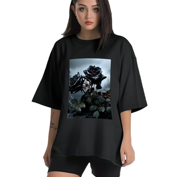Plus Size Shirt for Women Black Tops for Women Short Sleeves Shirt for Women Roses T Shirt Crewneck Shirt for Women XS