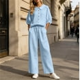 thumbnail image 3 of Zynoxe Summer Outfits for Women Stylish Collared Button Down 3/4 Sleeve Tops Drawstring Waist Pants Suit Plus Size Casual Solid Color Womens Two Piece Sets Breathable Lounge Set With Pockets M, 3 of 8
