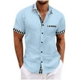 thumbnail image 2 of CLOISE Men Button down Shirts Plus Size Short Sleeve Big and Tall Tops with Pockets Collared Casual Pullover Linen Solid Color Summer Blouses Sky Blue, 2 of 7