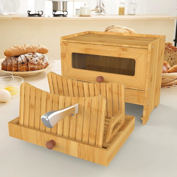 Bamboo Bread Box for Kitchen Countertop & Dining Room, Wooden Storage with Display Compartment & Built-in Bread Slicer,-Friendly Organizer for Homemakers, Bakers & Bread Lovers