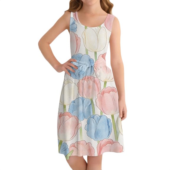 Ruyang Dresses for Teen Girls Flower Print Crew Neck Sleeveless Tank Dresses Summer A-line Swing Beach Vacation Sundress