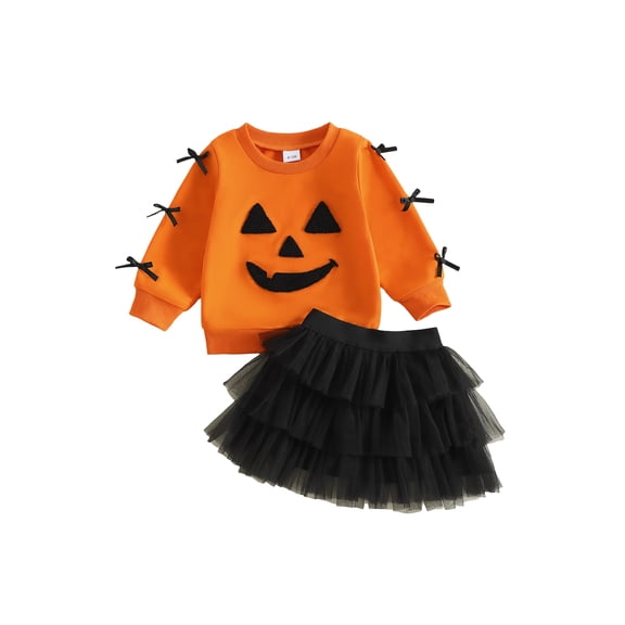 Cjfdfy Toddler Baby Girl Halloween Outfits Infant Baby Girls Fall Clothes Devil Pumpkin Face Print Crewneck Long Sleeve Sweatshirt and Mesh Tutu Skirt 2 Pcs Set