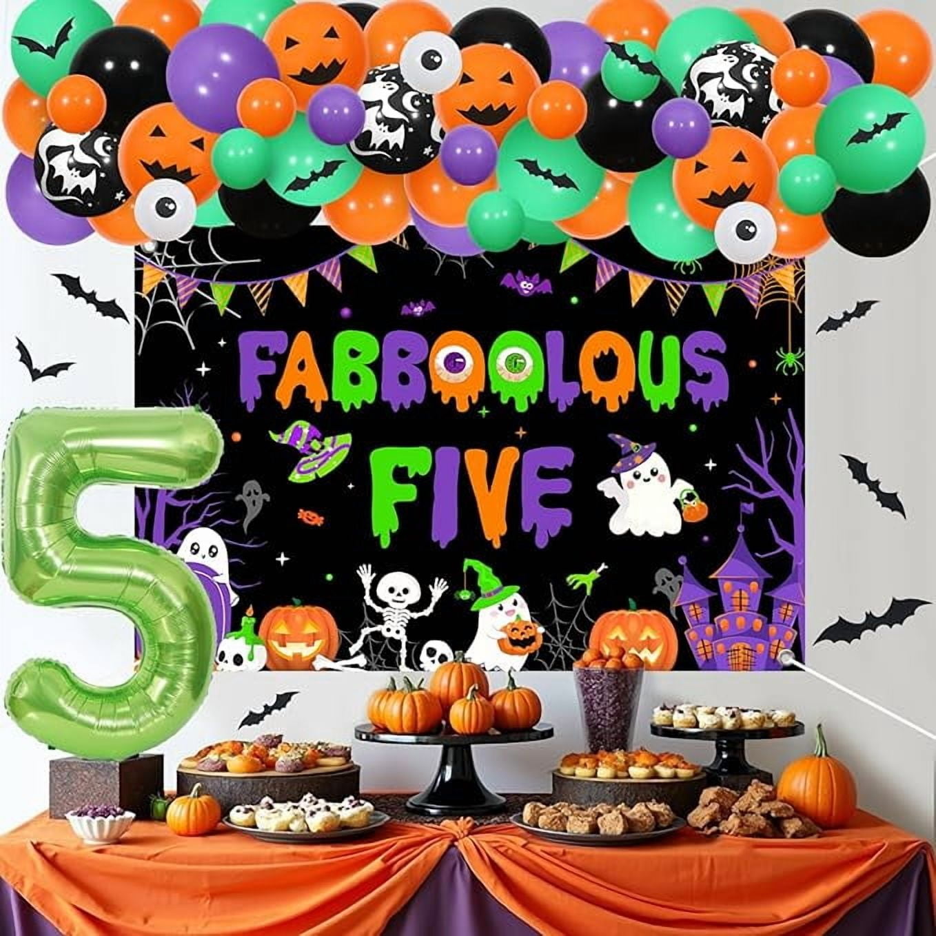Halloween 5th Birthday Decorations Boy Girl - Orange Green Purple Halloween Balloons Garland Arch Kit with Fabboolous Five Backdrop, Bat Wall Stickers, Number 5 Balloon