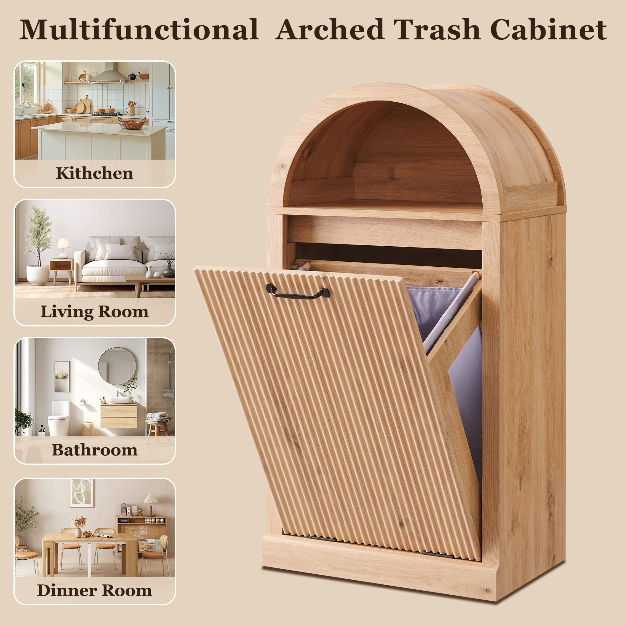 SinCiDo Arched Laundry Hamper Cabinet, 10 Gallon Fluted Hidden Garbage Can Cabinets with Laundry Basket, Free Standing for Bathroom & Kitchen, Natural Oak