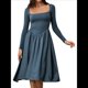 thumbnail image 2 of Vestido Midi Informal de Larga con Cuello Cuadrado para Mujer, Moda de y Otoño Verde Pavo Real M, 2 of 10