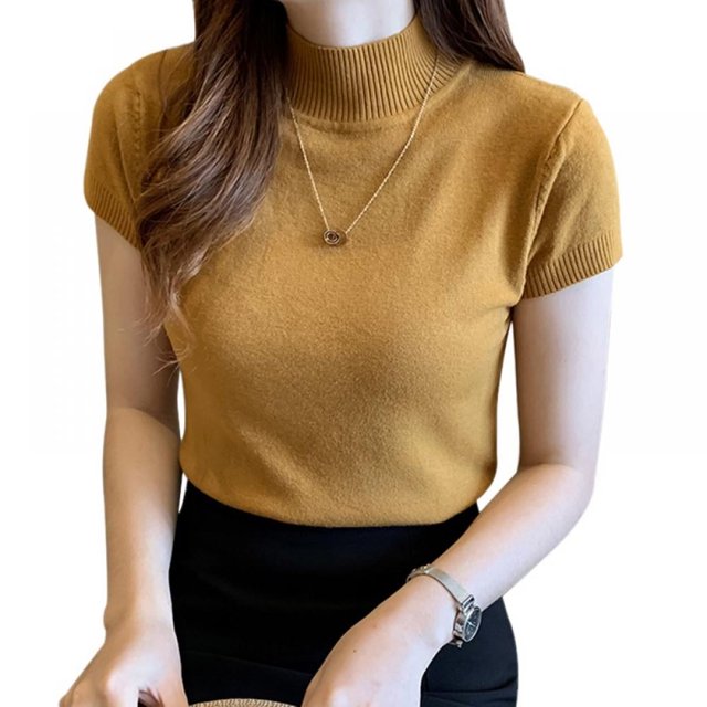 Basic Knit turtleneck Women T Shirt Summer Spring Ribbed Cotton Pullover Tops Soft Female Short Sleeves Tshirt