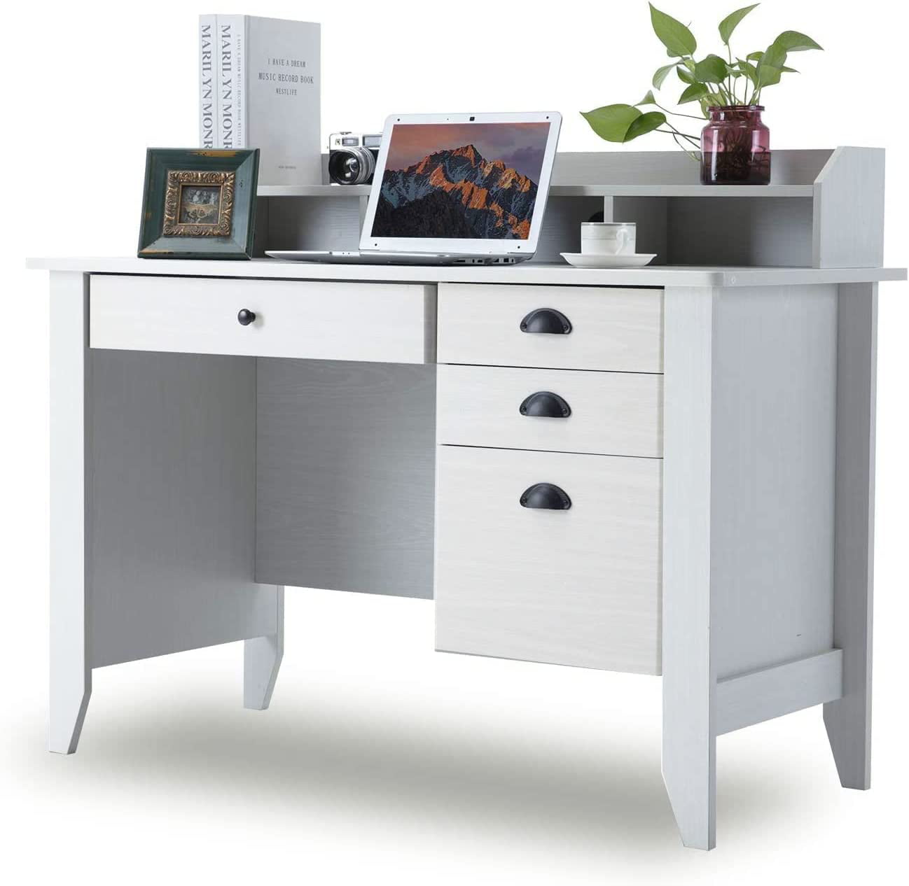 Catrimown 47.5 in Computer Desk with 4 Drawers, White Desk Wood Home Office Desk with Hutch, Vintage Study Table Writing Desk with Shelf for Small Spaces - 3